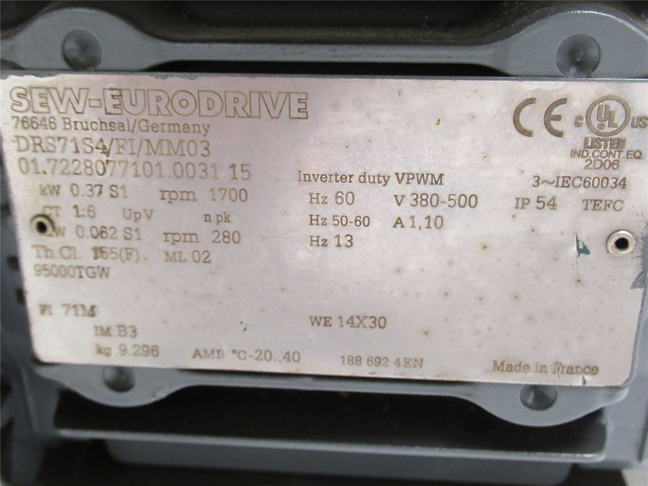 SEW DRS71S4/F1/MM03; AC Motor; 0.37kW; 380-500V; 1700RPM
