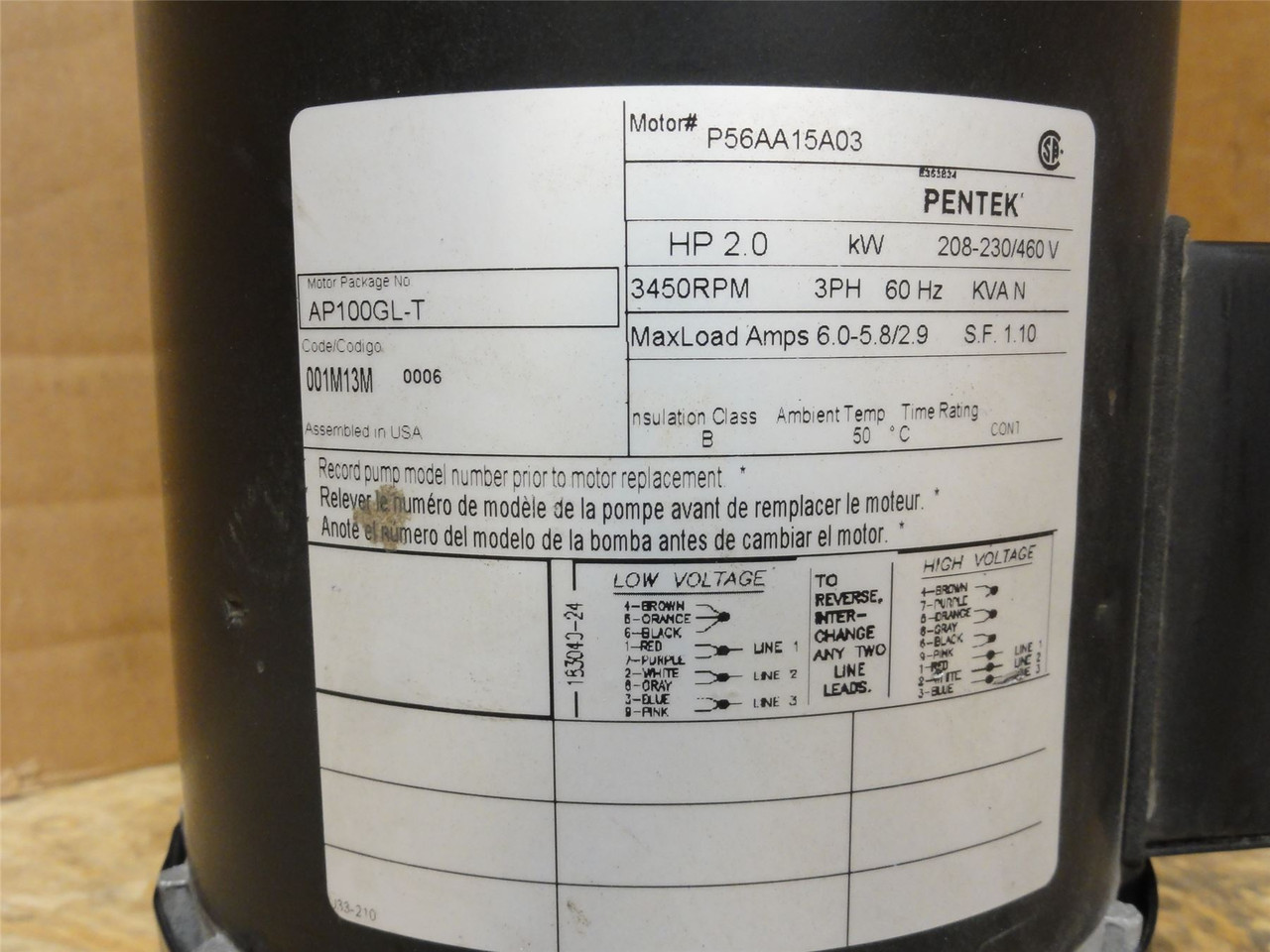 Pentek P56AA15A03; HVAC Motor 2HP; 208-230/460VAC; 3450RPM