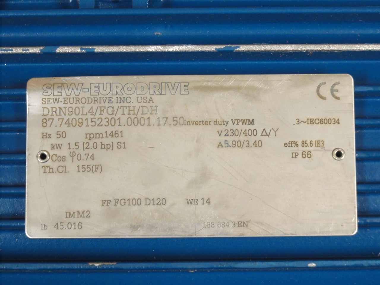 SEW DRN90L4/FG/TH/DH; Motor 2HP; 230/400VAC 1461RPM 3PH; 50HZ