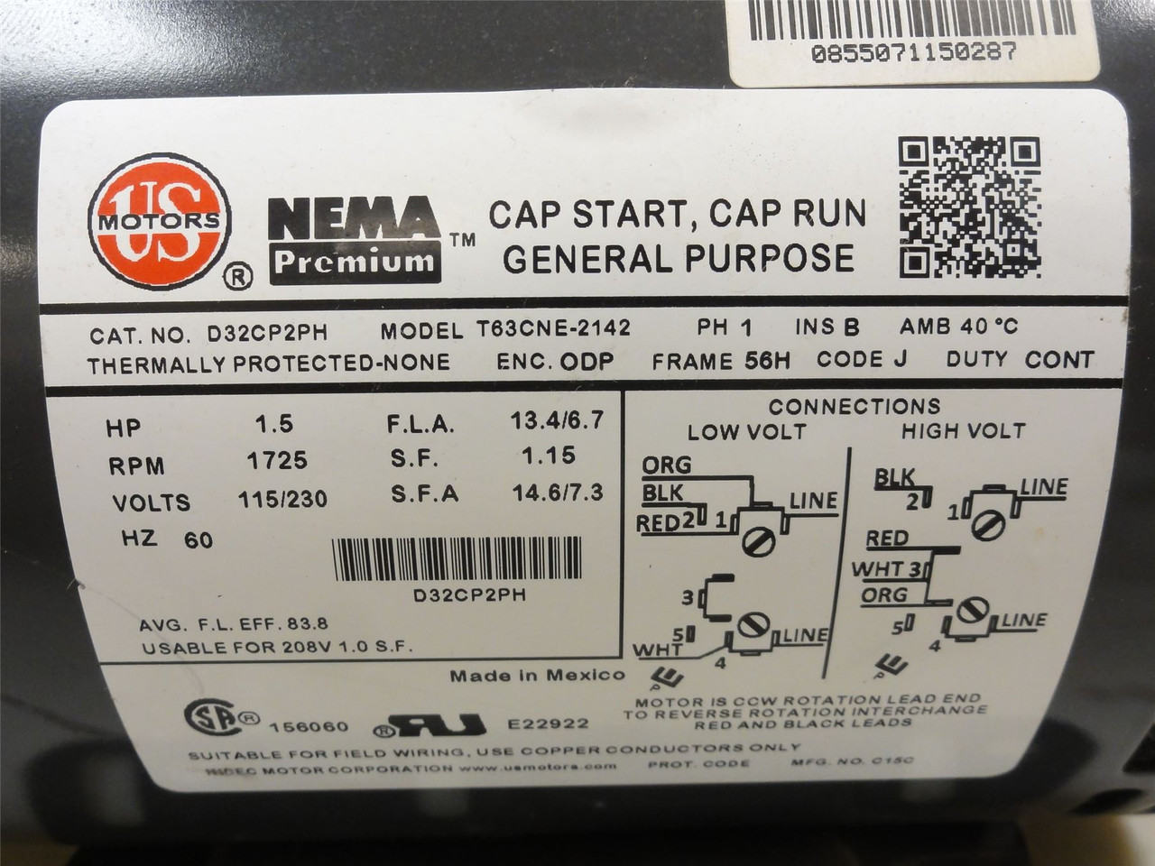 US Motors D32CP2PH; Motor 1-1/2HP 115/230VAC; 1725RPM; 1Ph