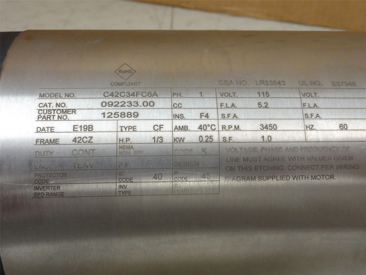 Leeson C42C34FC6A; Motor 1/3HP 115VAC; 3450RPM; No Shroud