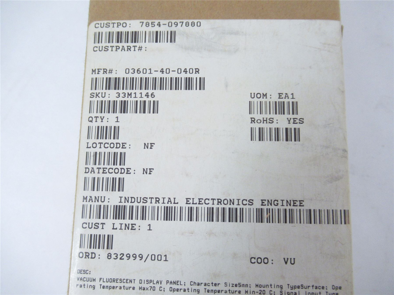 IEE 03601-40-040R; VacuumFluorescentDisplayPanel