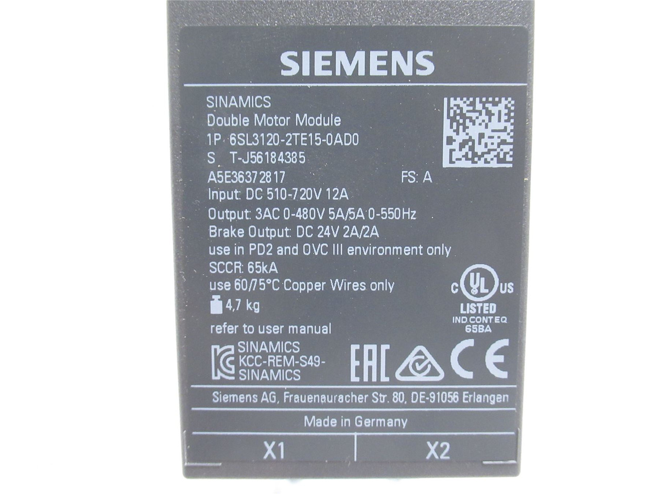 Siemens 6SL3120-2TE15-0AD0; Double Motor Module 600VDC/400VAC