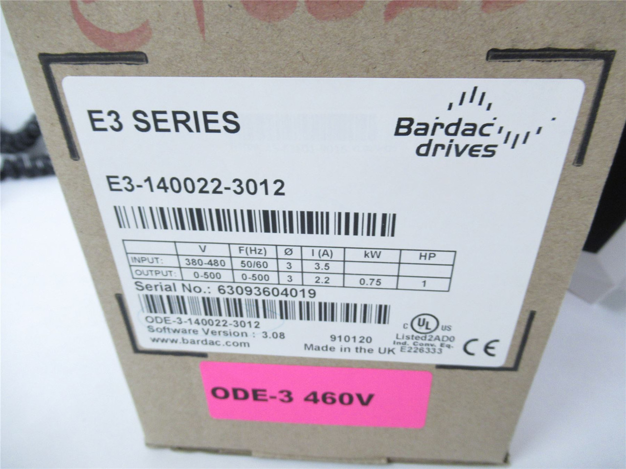 Bardac E3-140022-3012; AC Drive; 1HP 380-480VAC; 4A; 3Phase