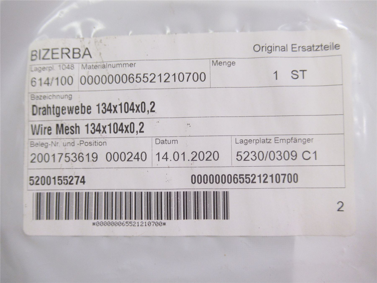Bizerba 65521210700; Mesh Screen Filter;134mmX104mmX0.2mm