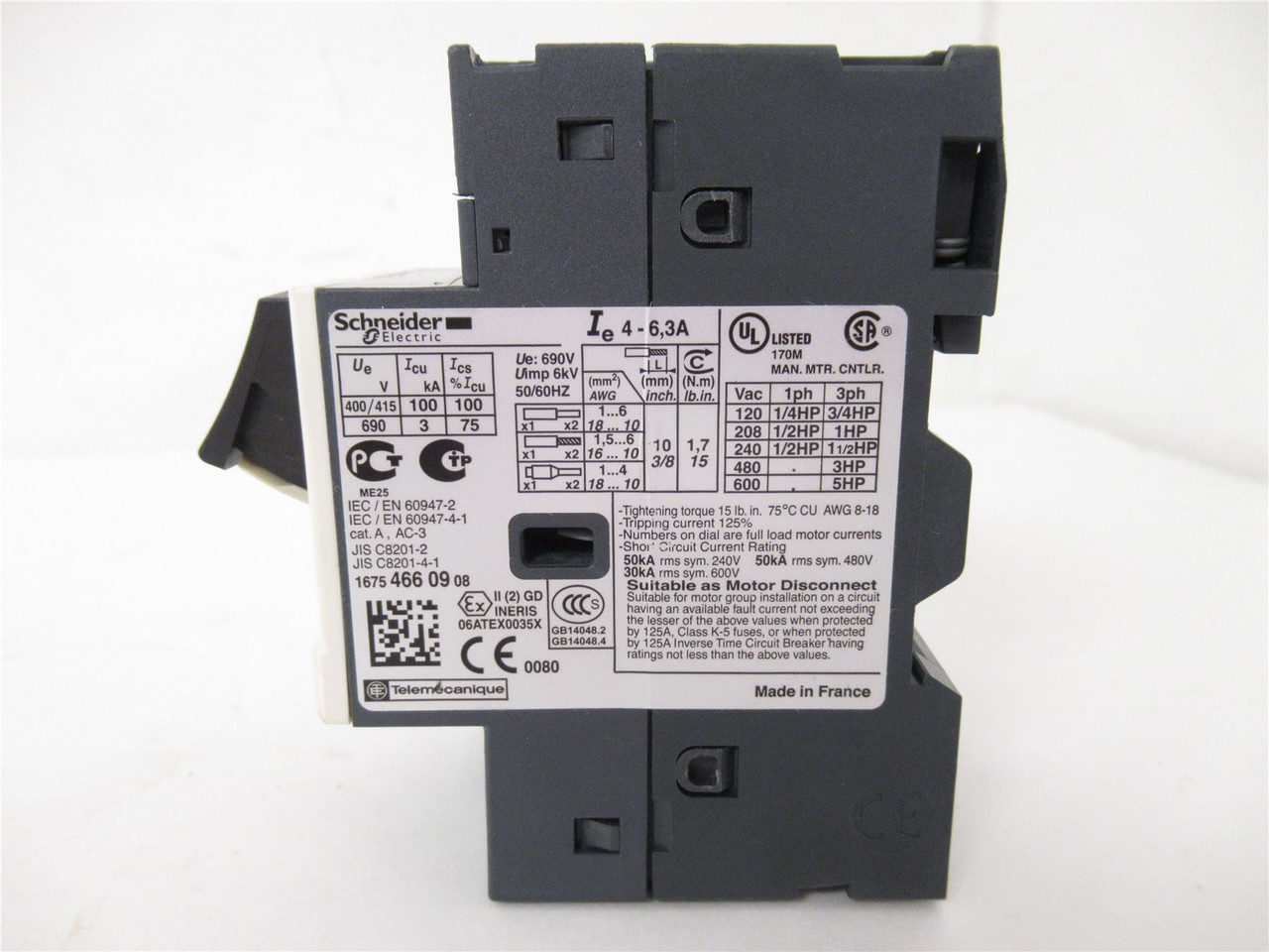 Schneider GV2ME10; Manual Motor Starter; 4-6.3A; 3P; 600V