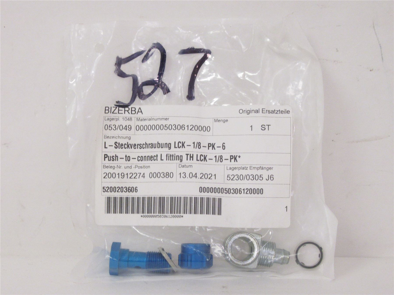 Bizerba 50306120000; Push-To-Connect L Fitting TH LCK-1/8-PK*