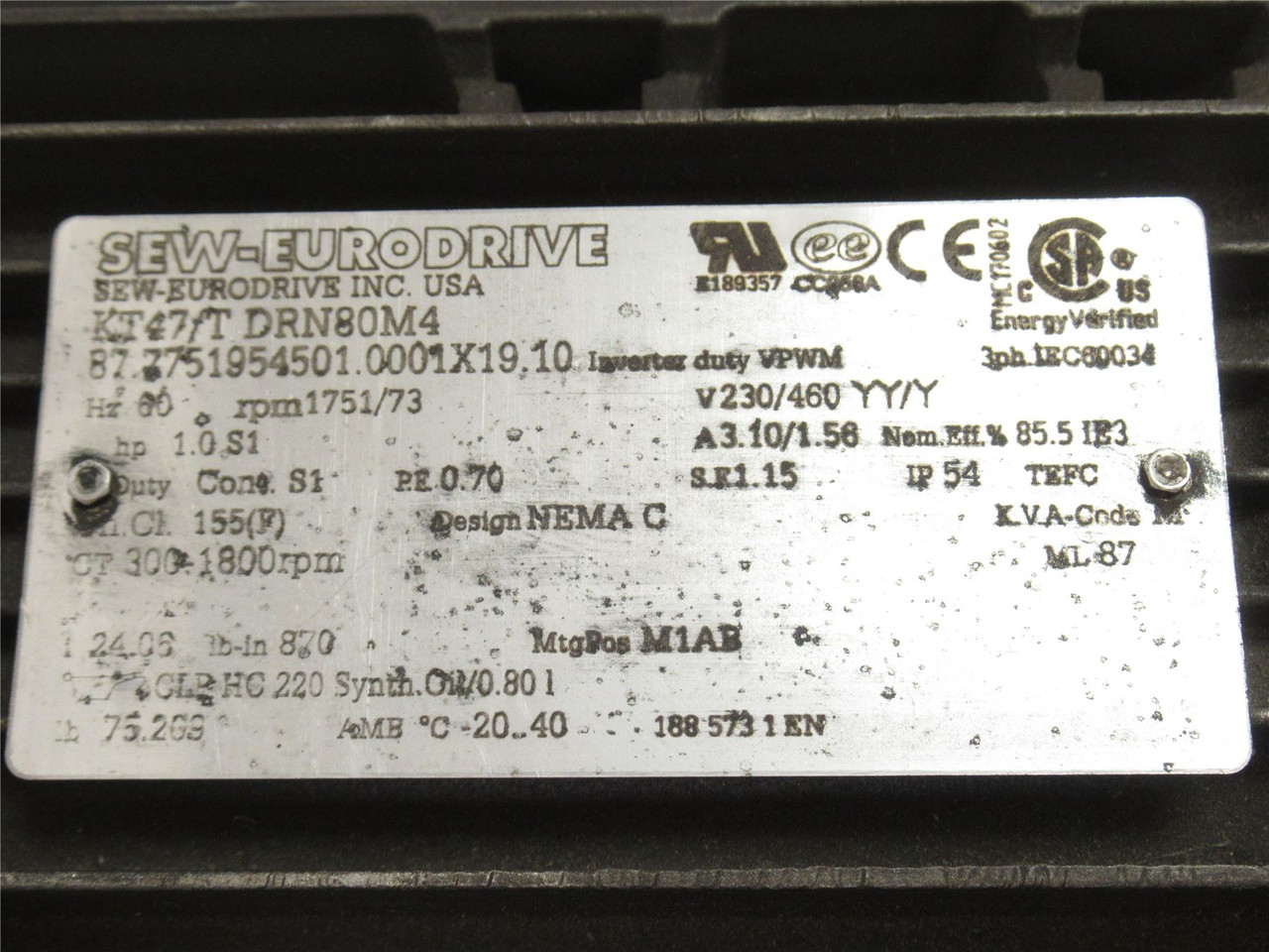 SEW KT47/TDRN80M4; Gearmotor; 24:1 Ratio; 1HP; 230/460VAC