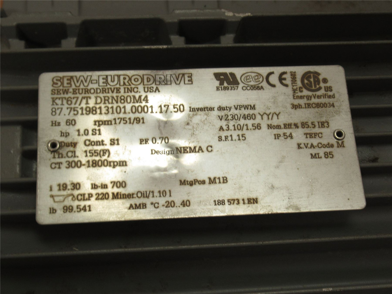 SEW K767/TDRN80M4; Gear Motor; 119.3-1 Ratio; 230/460VAC; 1HP