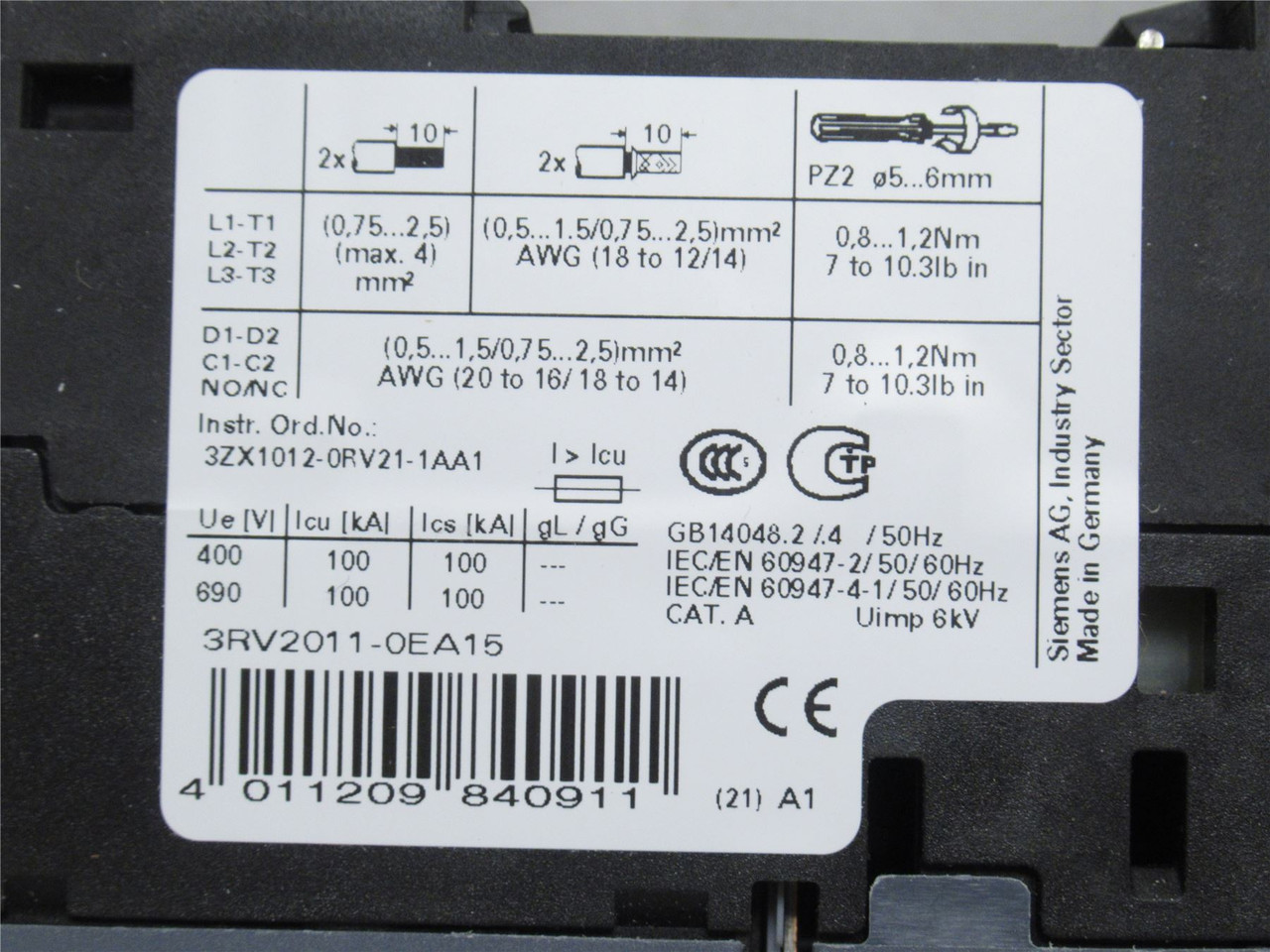 Siemens 3RV2011-0EA15; Motor Protector; 3P; 0.28-0.4A; 690VAC