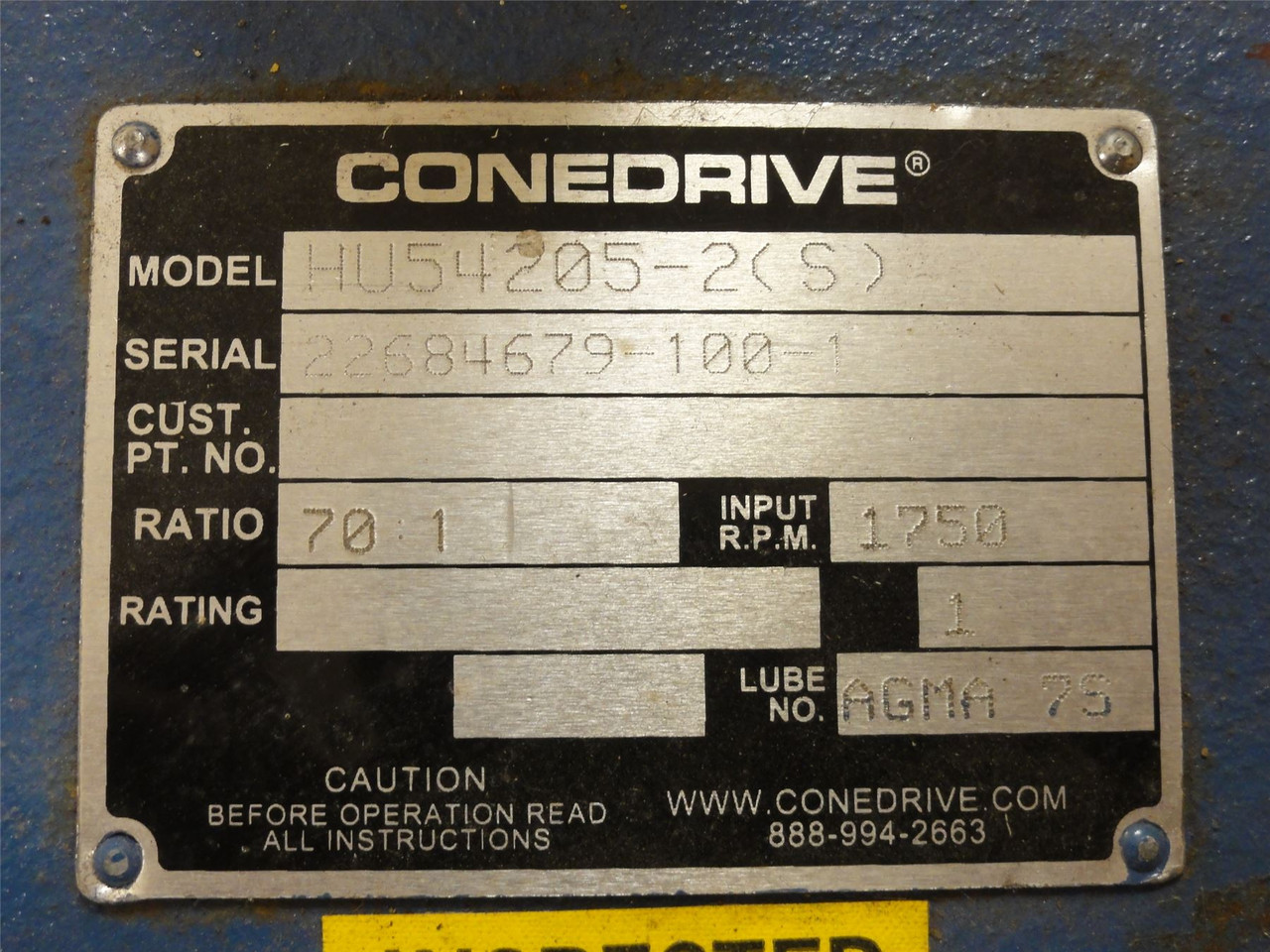 Conedrive HU54205-2(S); Speed Reducer; 70:1 Ratio; 1750RPM