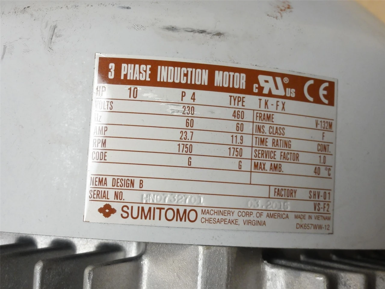 Sumitomo TK-FX; Motor; 10HP; 230/460VAC; 1750RPM; 3PH; 4-Pole