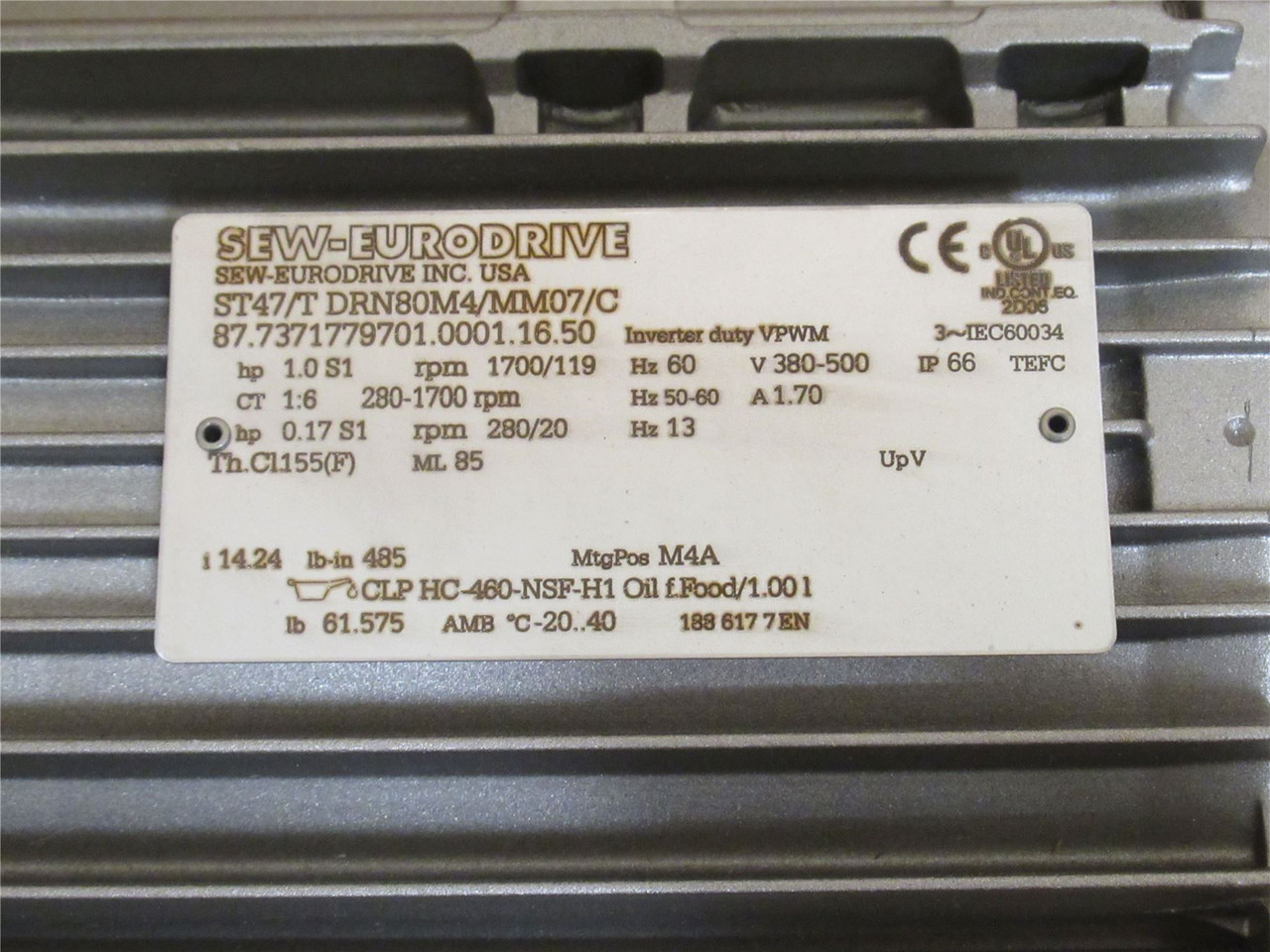 SEW ST47/TDRN80M4/MM07/C; AC Gearmotor; 14.24:1 Ratio; 1HP