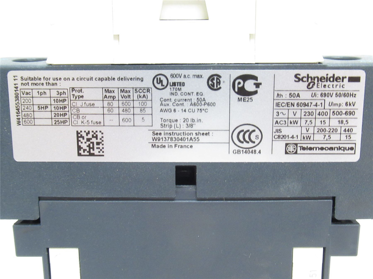 Schneider LC1D32BD; Contactor; 50A; 3-Pole; 600V; Coil: 24VDC