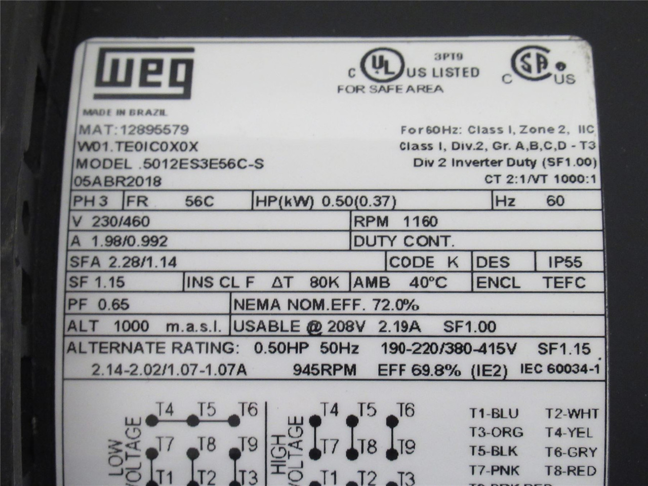 WEG 12895579; AC Motor; 1/2HP; 230/460V; 1160RPM; 3PH; 60Hz