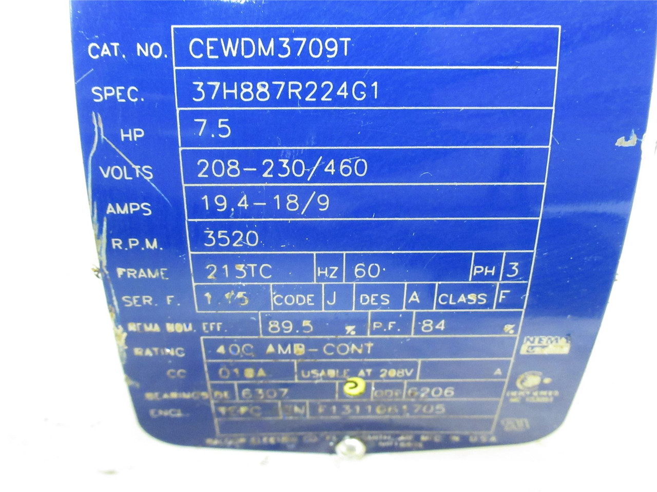 Baldor CEWDM3709T; AC Motor; 7-1/2HP; 208-230/460V; 3520RPM
