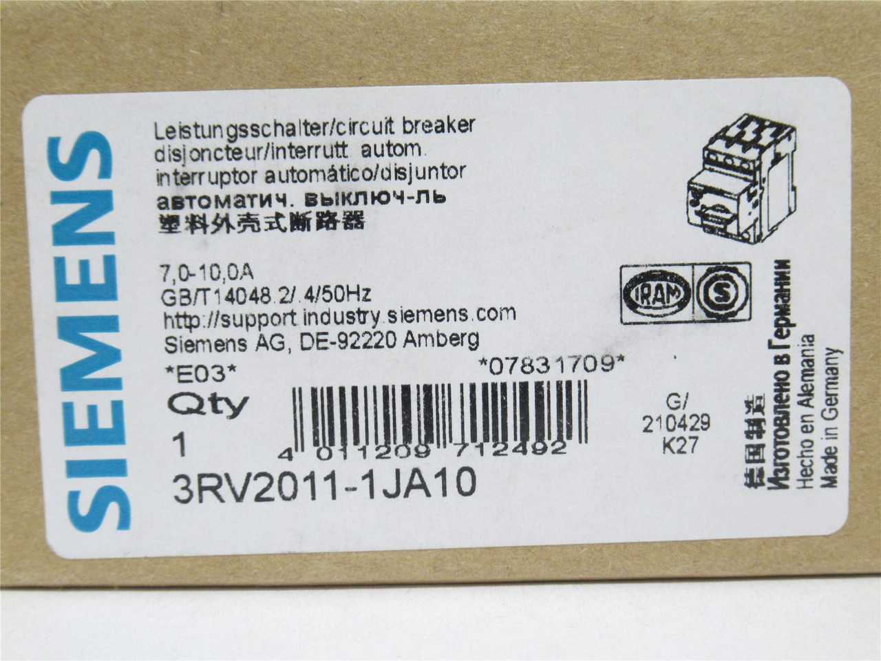 Siemens 3RV2011-1JA10; Manual Starter 600V 3Pole 7.0-10.0A