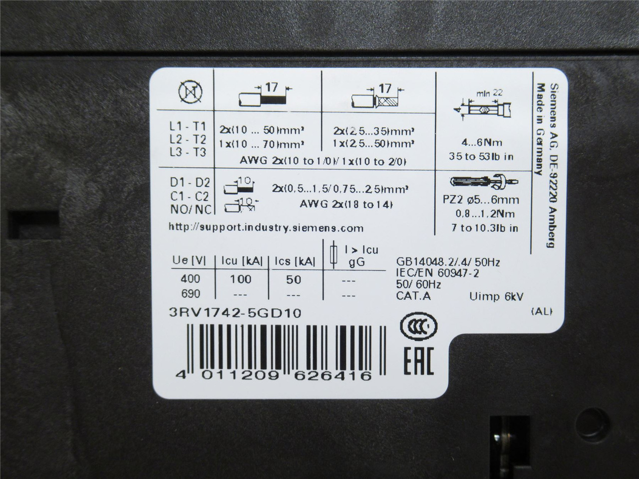 Siemens 3RV1742-5GD10; Manual Starter; 40A; 3P; 600V