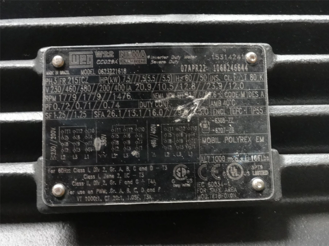 Weg 0623221618_; AC Motor; 7.5HP; 230/460V; 1779 RPM; 3Ph