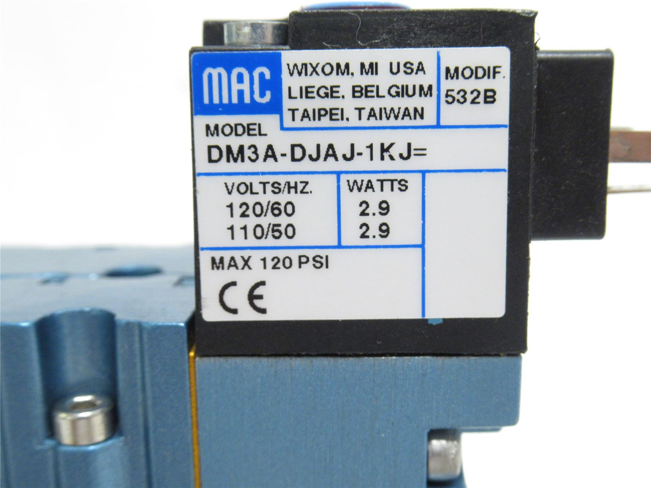 MAC 423A-00A-DM-DJAJ-1KJ; Air Valve Assembly; 20-120PSI; 110/120VAC