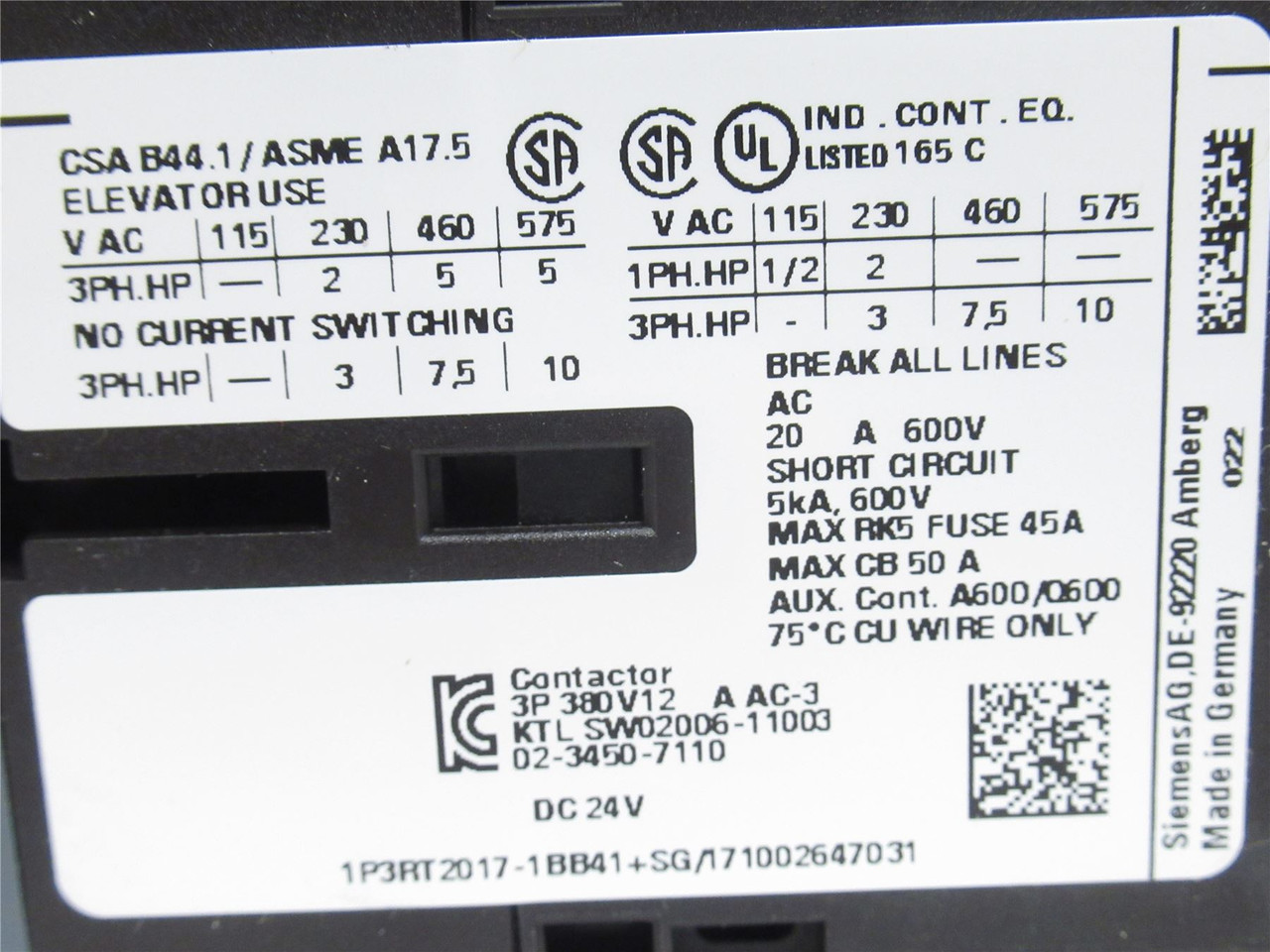 Siemens 3RT2017-1BB41; Contactor 3P; 12A; 400VAC; Coil: 24VDC