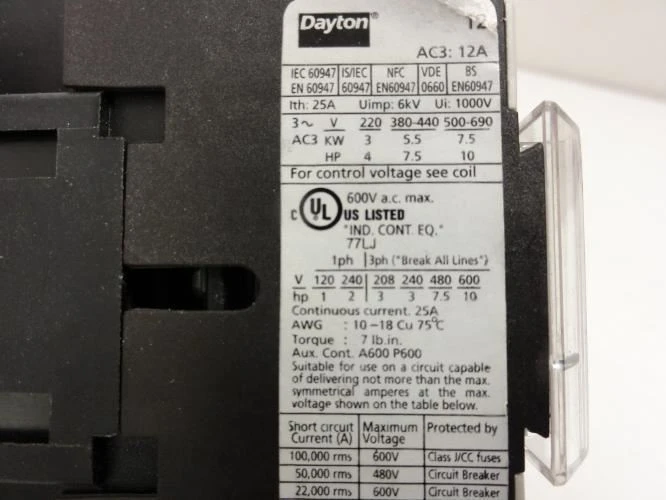 Dayton 6ECD1; Contactor; 12A; 3P; 600V Max; Coil: 24V