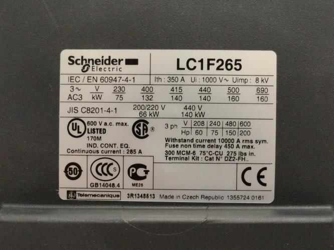 Schneider LC1F265; Contactor 265A 3P 600VAC Coil: 230VAC