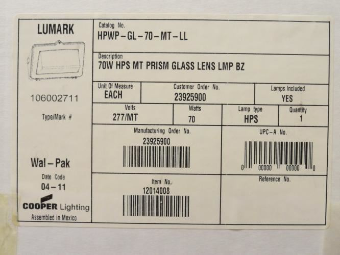 Cooper HPWP-GL-70-MT-LL; Lumark Wall Mount Luminaire; 70W