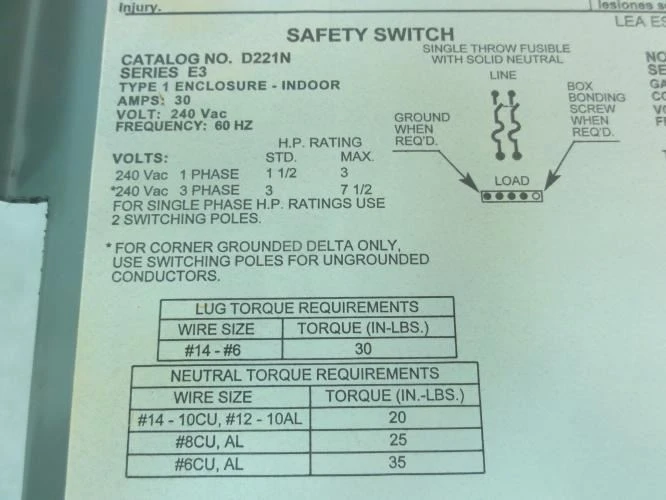Square D D221N; Fusible Switch; 30A; 240VAC; 2P; NEMA1