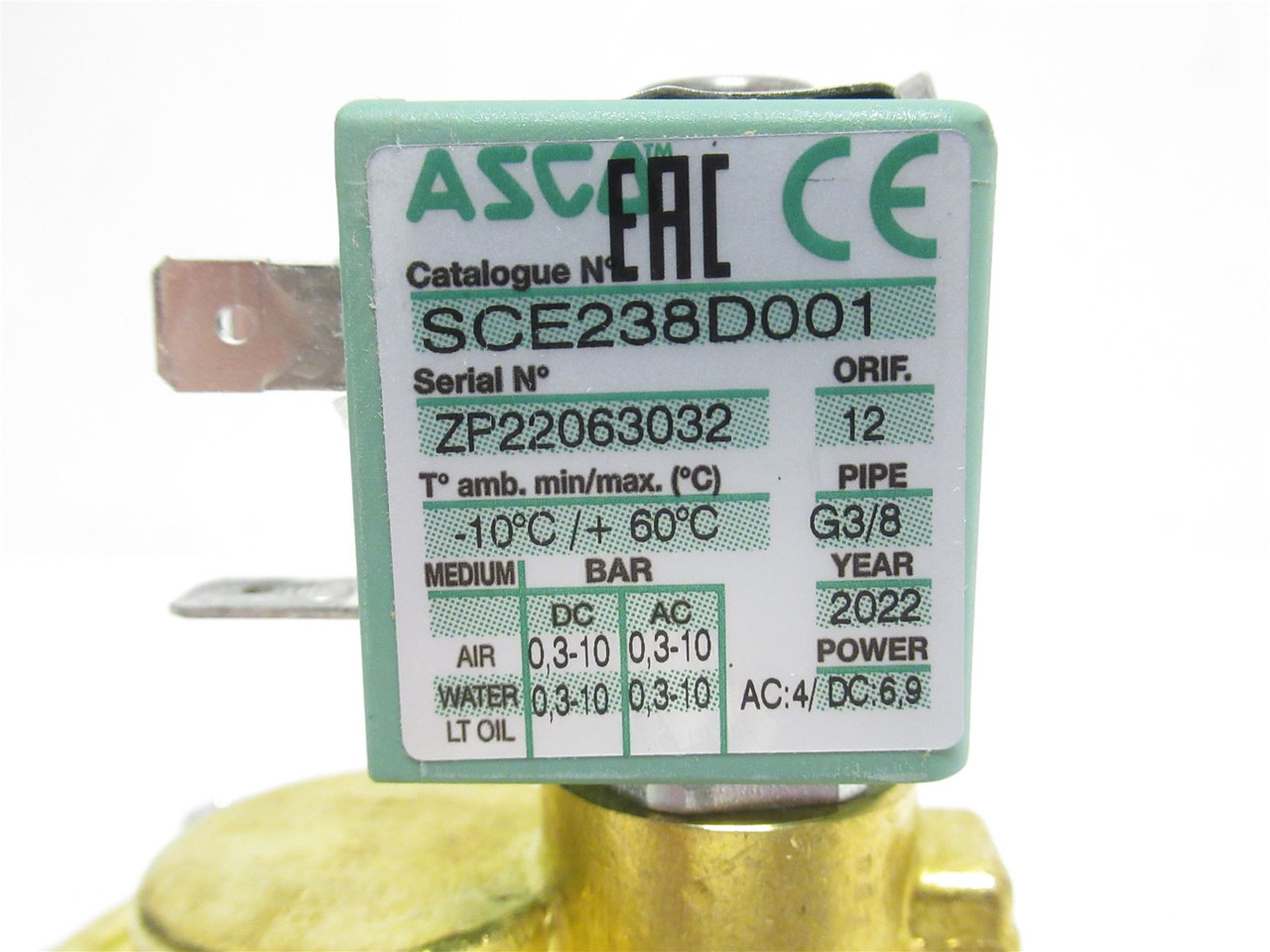 Asco E238D001-002; Solenoid Air Valve; 3/8NPT; 24VAC/DC