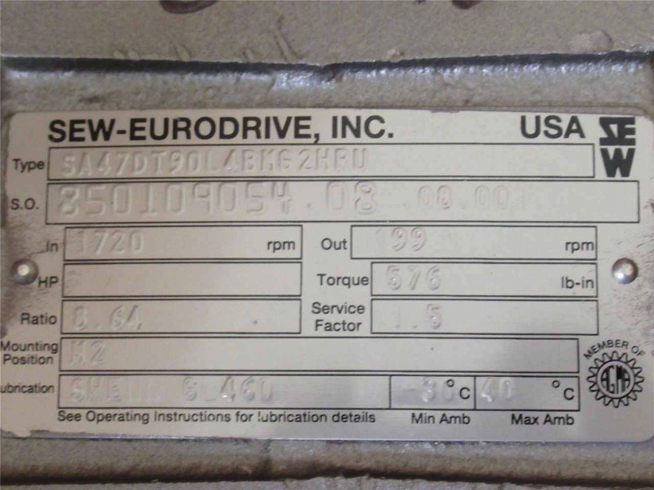 SEW DFT90L4BMC2HRU; AC Gearmotor; 8.64:1 Ratio; 2HP; 200/346V