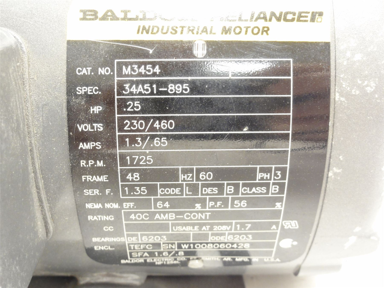 Baldor M3454; AC Motor; 1/4HP 230/460VAC 1725RPM; 3PH