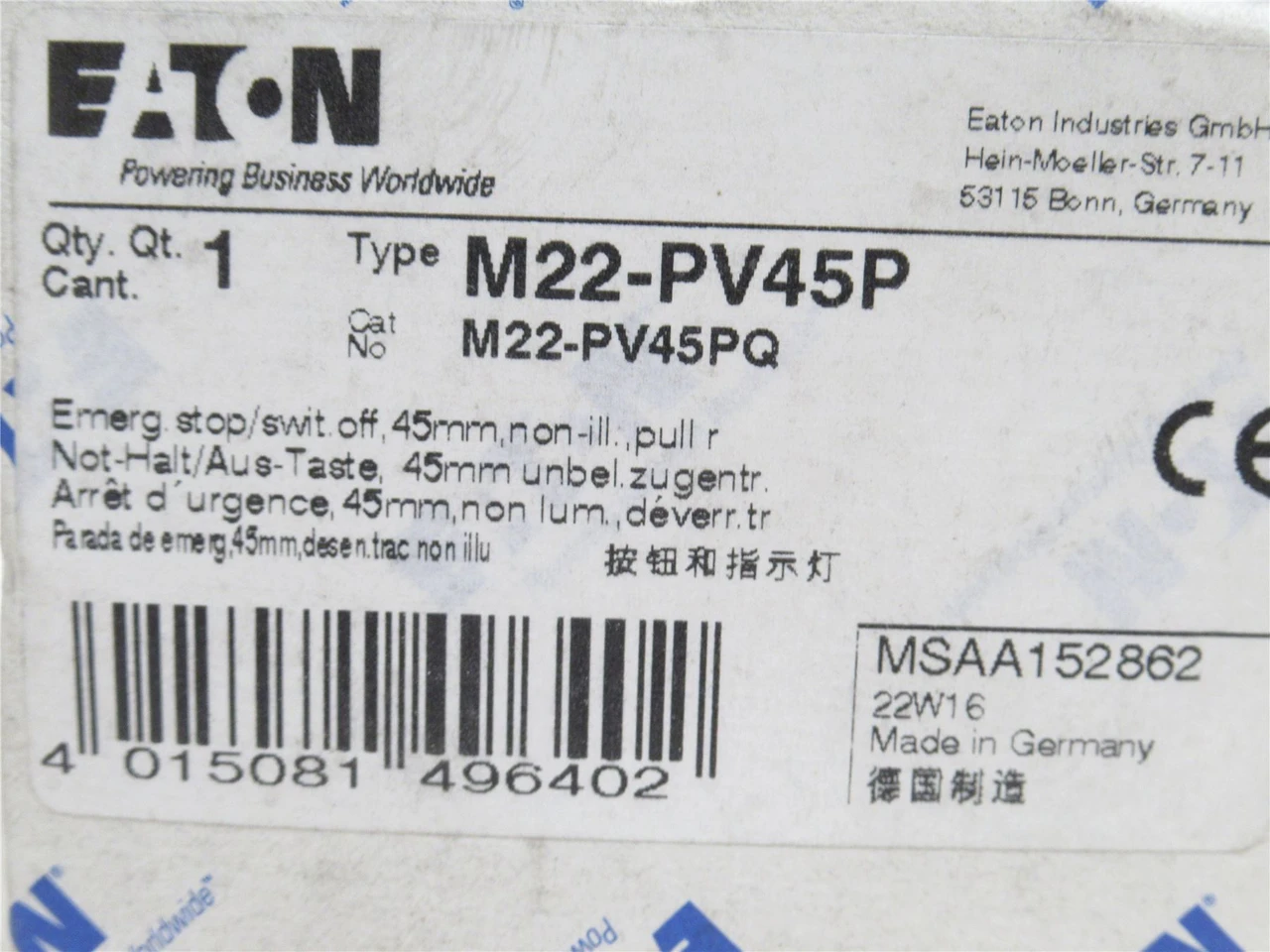 Eaton M22-PV45P; E/Stop Switching Off Push-Button; Palm Tree