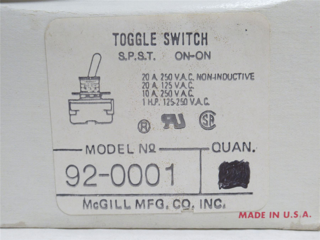 McGill 92-0001; Bat Lever Actuator Toggle Switch 20A; 250VAC