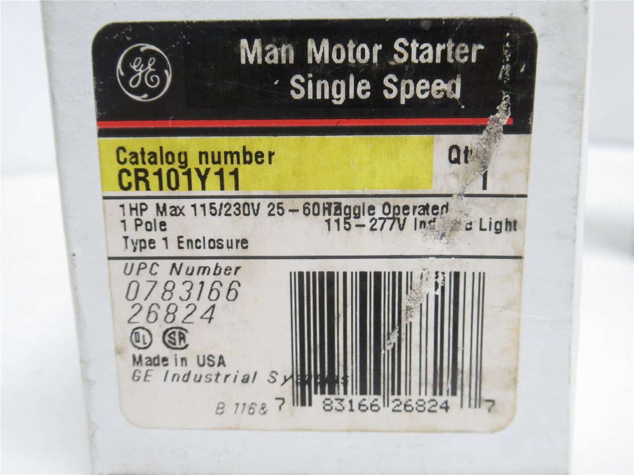 GE CR101Y11; Manual Motor Starter 16A; 1P; 120/240VAC; 1HP