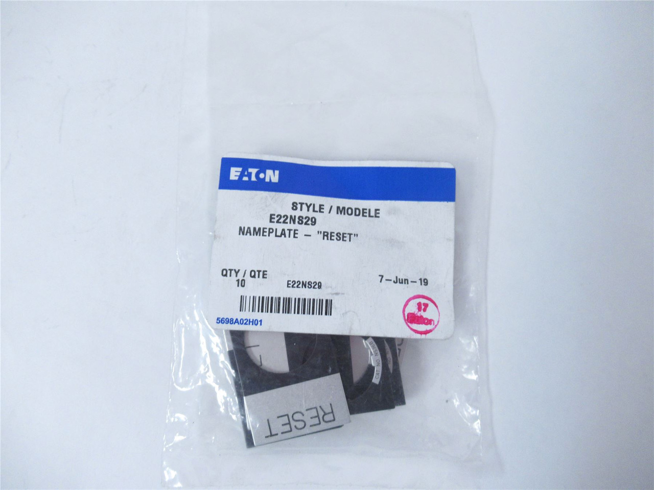 Eaton E22NS29; Bag-10 Nameplate - "RESET"