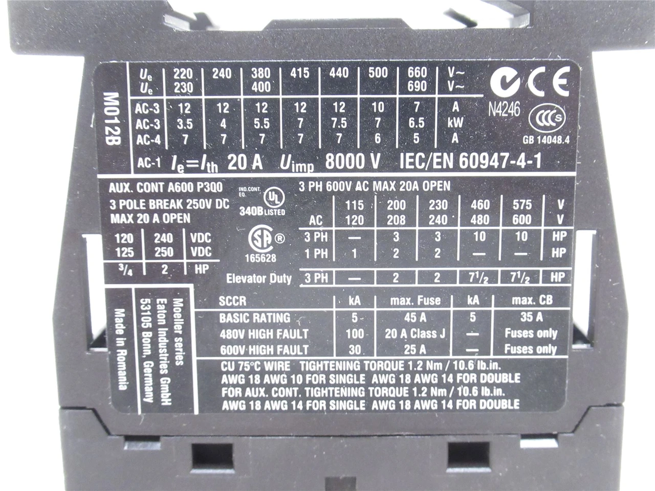 Eaton XTCE012B10L; Contactor 3P; 12A; 600VAC; Coil: 440VAC
