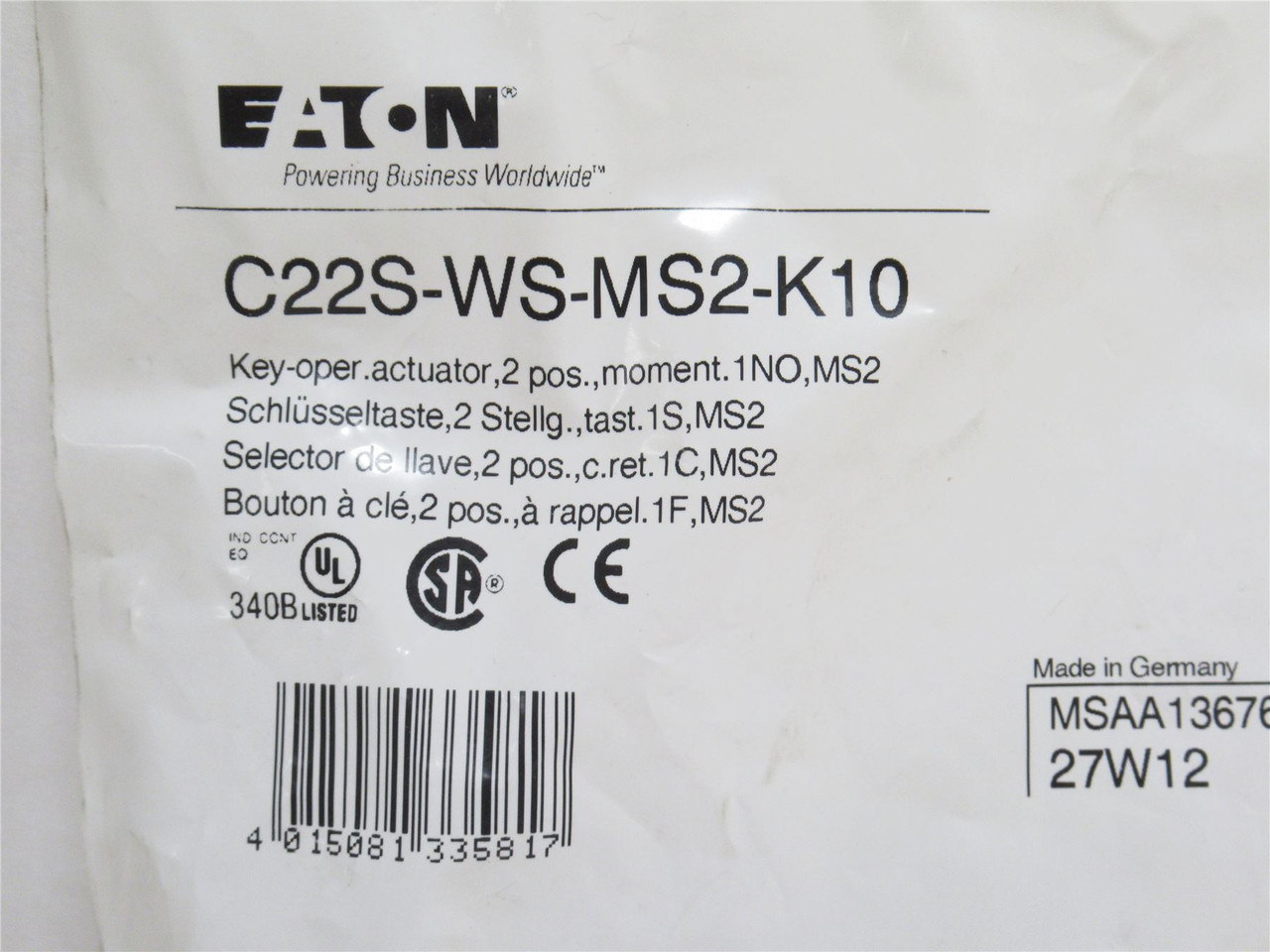 Eaton C22S-WS-MS2-K10; Keylock Switch; Momentary; 110/230VAC