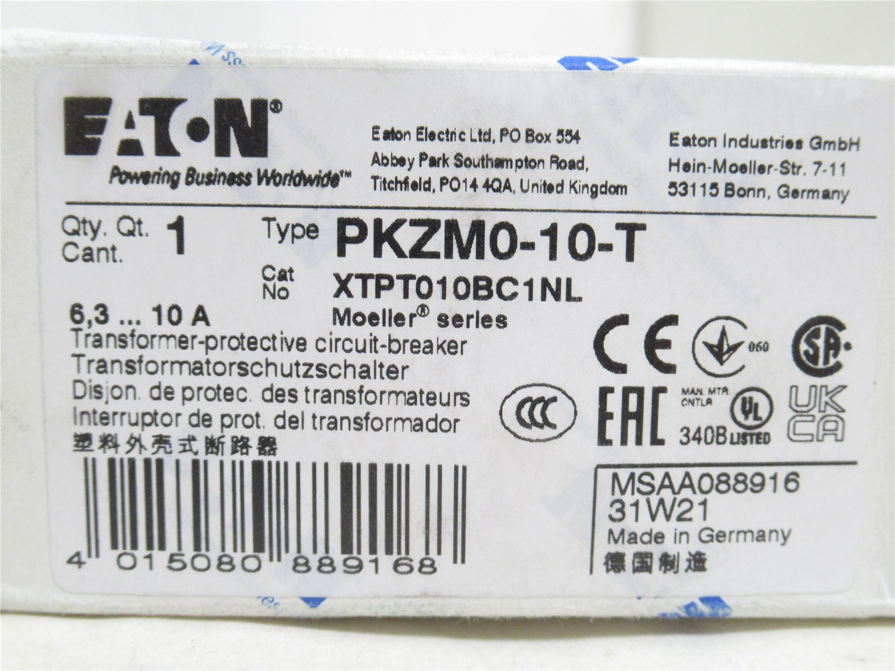 Eaton XTPT010BC1NL; Manual Motor Protector; 6.3-10A; 3P; 690V