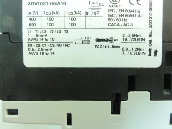 Siemens 3RV1021-0GA10; Manual Motor Starter 0.45-0.63A 3P 575VAC