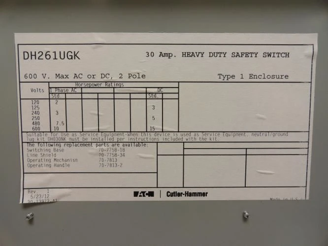 Eaton DH261UGK; Safety Switch; 30A; 2P; 600VAC