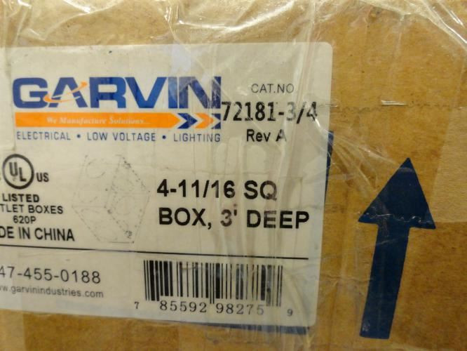 Garvin 72181-3/4; Lot-2 Junction Box; 4-11/16" Sq; 3" Deep