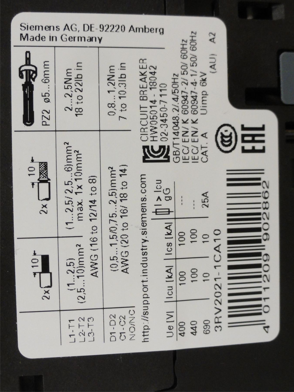 Siemens 3RV2021-1CA10; Manual Starter; 1.8-2.5A; 3Pole