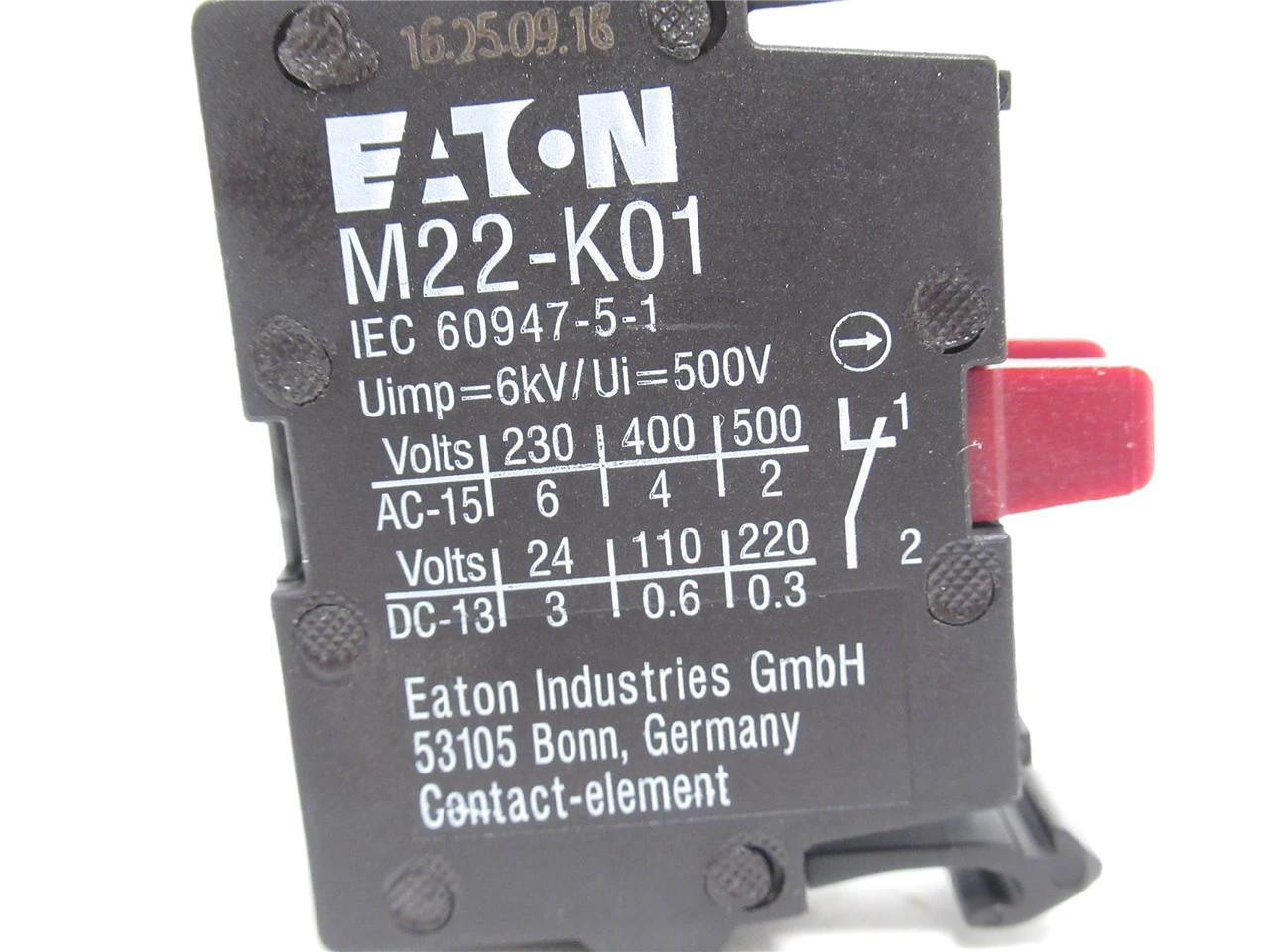Eaton M22-K01; Contact Block; 22.5mm; 6A; 120VAC; SPST; 1NC