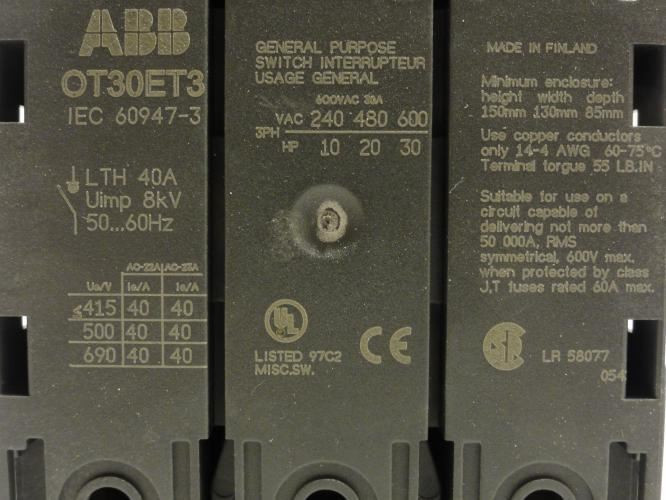 ABB 0T30ET3; Interrupter/Disconnect Switch; 30A; 3P; 600V