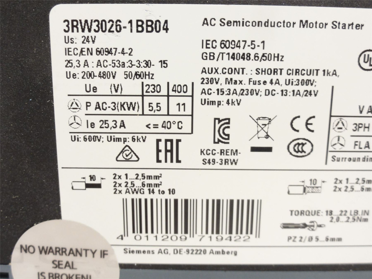Siemens 3RW3026-1BB04; Soft Starter 25A 3P 460VAC; Coil 24VDC