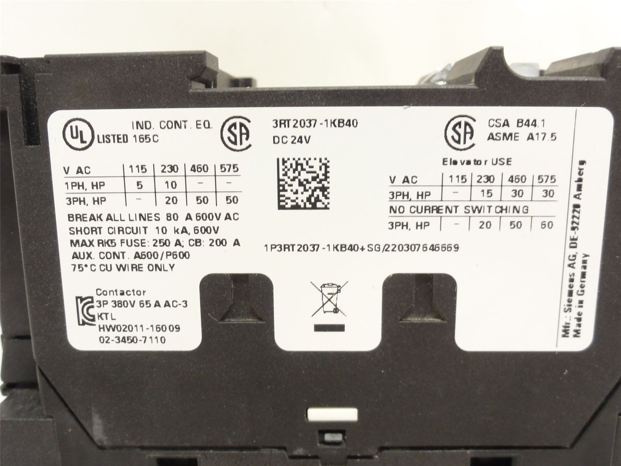 Siemens 3RT2037-1KB40; Contactor; 65A; 3P; 690VAC; Coil: 24VDC