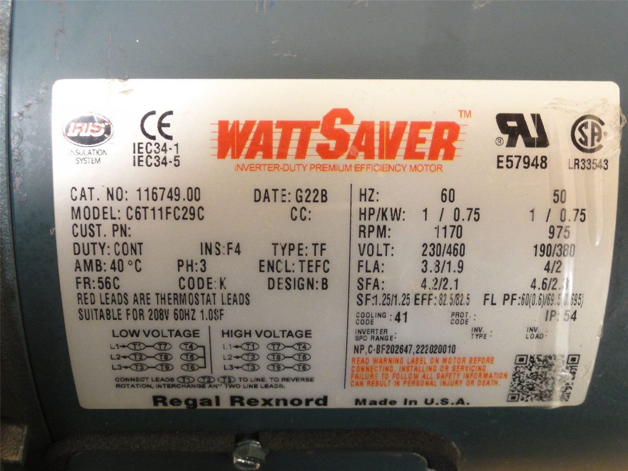 Regal-Rexnord 116749; AC Motor; 1HP; 230/460V; 1170RPM; 3PH