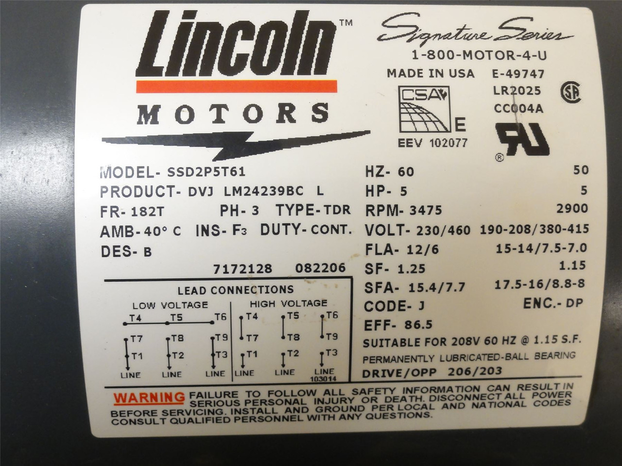Lincoln Motors SSD2P5T61; Motor; 5HP; 230/460VAC; 3475RPM; 3PH