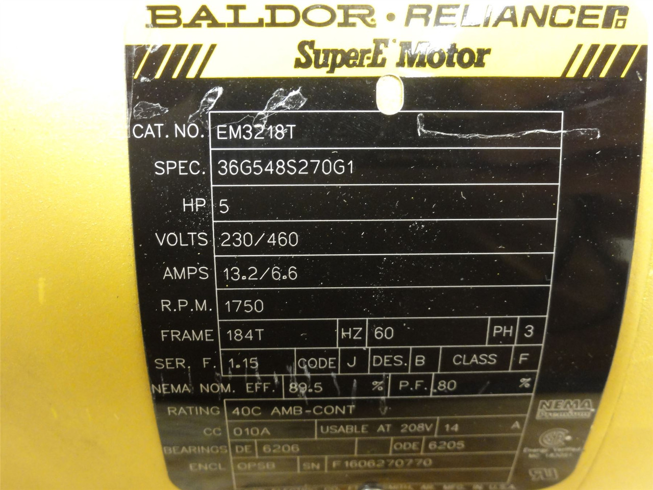 Baldor EM3218T; AC Motor; 5HP; 230/460V; 1750RPM; 3Ph; 60Hz